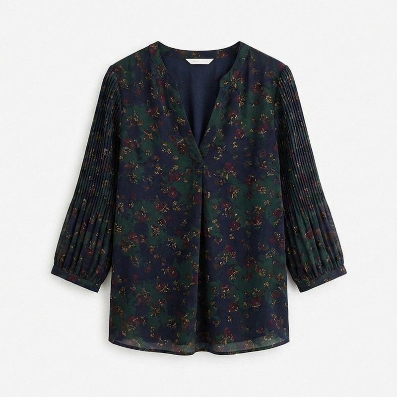 Flowy V-Neck Blouse with Pleated Sleeves
