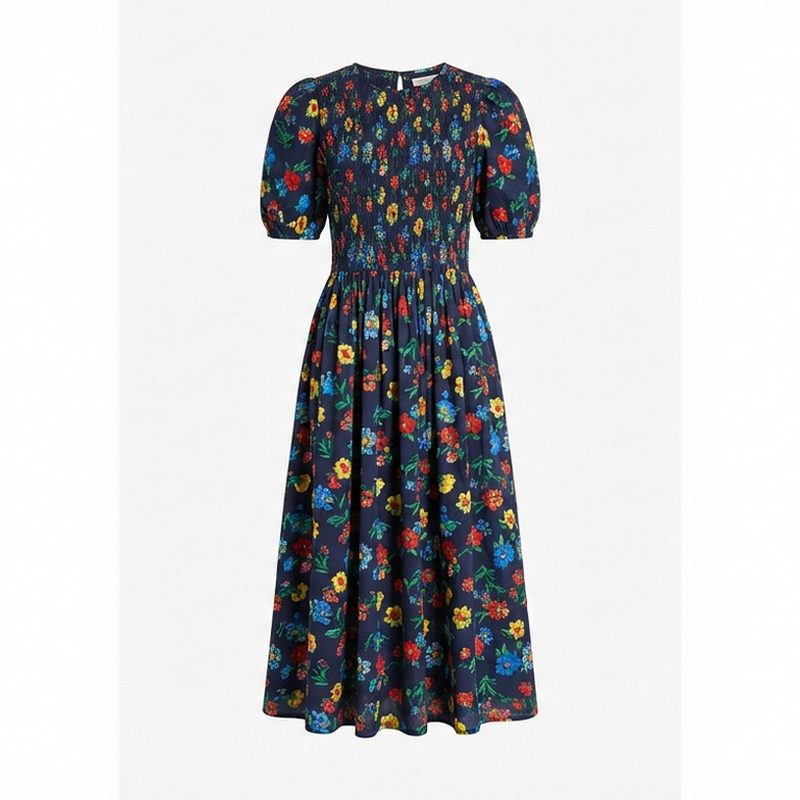 Smocked Floral-Print Fit & Flare Midi Dress